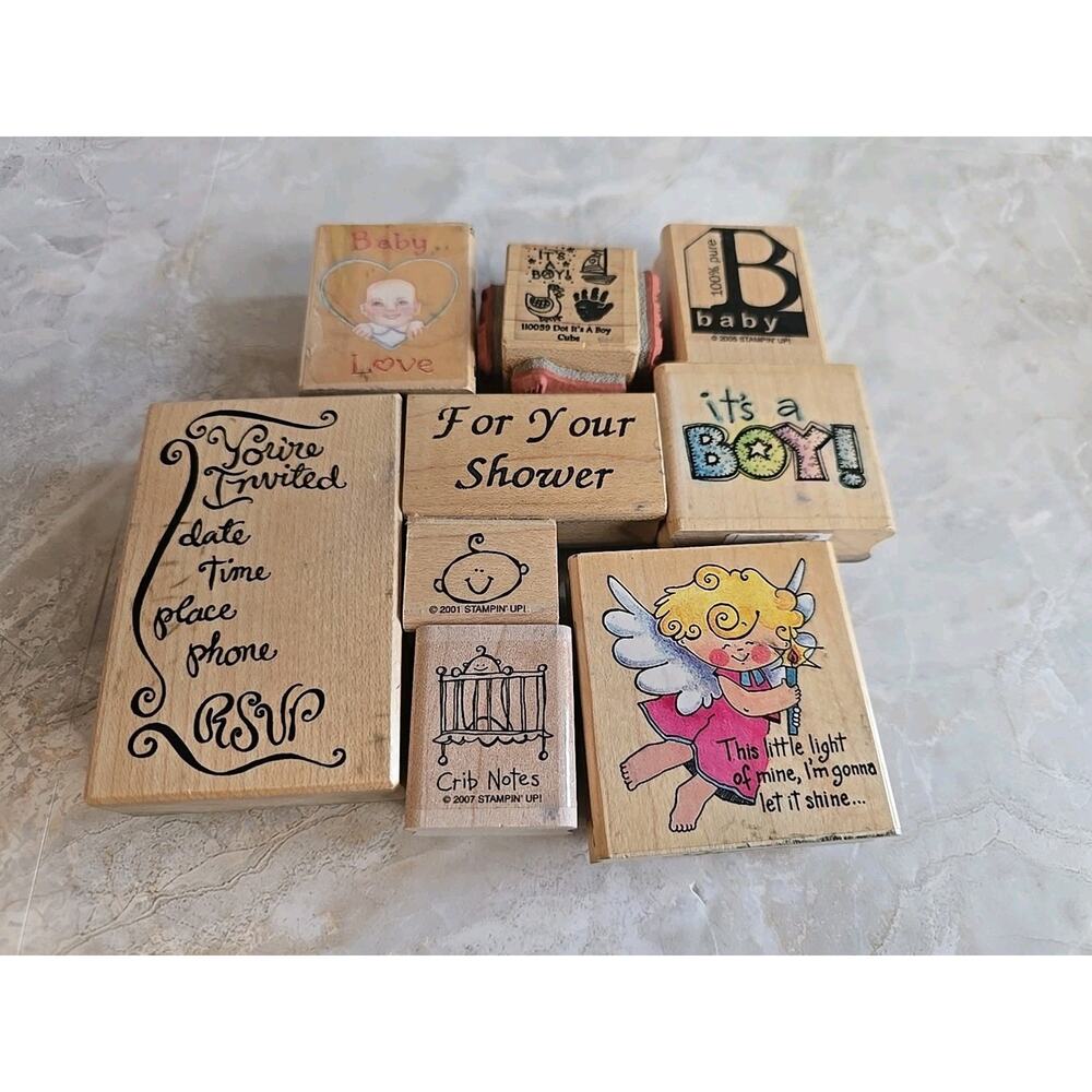 Lot of 8 Wooden Rubber Stamps Baby Shower Cardmaking Scrapbooking Crafts